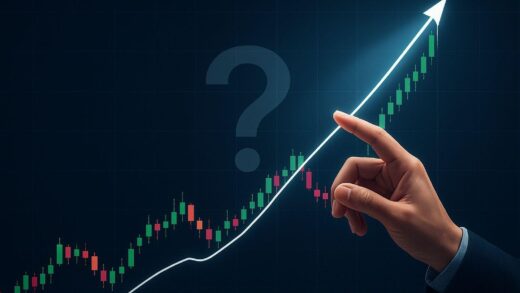 A dynamic stock chart showing a sharp upward trend, with a spotlight on a specific point where a hand is paused, indicating a waiting strategy. The chart has a subtle question mark overlaid.