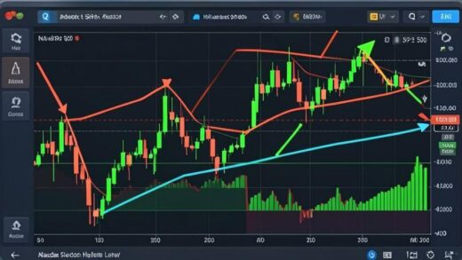 A dynamic stock market chart showing a sharp V-shaped recovery with Nasdaq and S&P 500 lines breaking through all-time high resistance levels, with bullish green candles and upward trend arrows, 3D rendering, financial dashboard style.