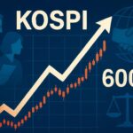 A dynamic stock market chart showing a strong upward trend, with abstract representations of institutional investors and international agreements in the background. The KOSPI index clearly visible at 6000.