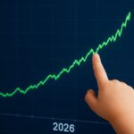 A dynamic stock market chart showing an upward trend in 2026, with a small hand hesitantly pointing at a high stock price.