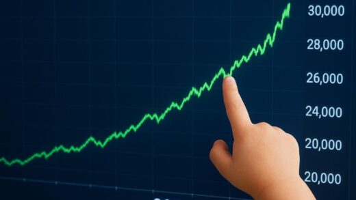 A dynamic stock market chart showing an upward trend in 2026, with a small hand hesitantly pointing at a high stock price.