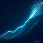 A dynamic stock market chart showing dramatic upward trajectory with fiber optic cables and light beams integrated into the graph, representing the surge of photonics stocks in 2026.