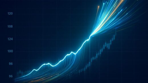 A dynamic stock market chart showing dramatic upward trajectory with fiber optic cables and light beams integrated into the graph, representing the surge of photonics stocks in 2026.