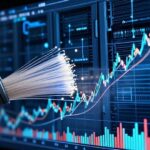 A dynamic stock market chart showing rapid growth, with fiber optic cables and AI data center imagery in the background, representing the surge in optical communication stocks.