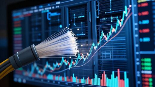 A dynamic stock market chart showing rapid growth, with fiber optic cables and AI data center imagery in the background, representing the surge in optical communication stocks.