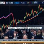 A dynamic stock market chart showing sharp upward trajectory with S&P 500 and Nasdaq lines skyrocketing, overlaid with a news headline about Trump's peace announcement, oil price indicators showing conflicting signals, with traders cheering in the background.