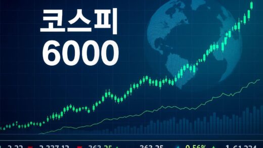 A dynamic stock market chart with Korean text "코스피 6000", showing upward trends, a light globe in the background, and financial news tickers.