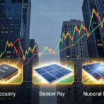 A dynamic stock market graph showing an upward trend towards 8500 points, with three distinct sections representing secondary batteries, solar power, and nuclear energy, all glowing with energy, against a backdrop of global financial district buildings.