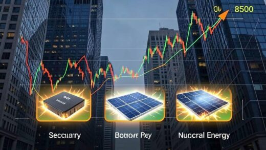 A dynamic stock market graph showing an upward trend towards 8500 points, with three distinct sections representing secondary batteries, solar power, and nuclear energy, all glowing with energy, against a backdrop of global financial district buildings.