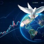 A dynamic stock market graph showing an upward trend, with a symbolic dove flying over a globe representing peace and de-escalation in the Middle East, futuristic 2026 setting.