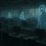 A dystopian office scene with empty desks and computers, while holographic AI robots work in the background, representing layoffs in big tech companies during 2026