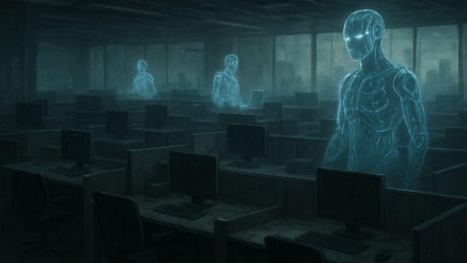 A dystopian office scene with empty desks and computers, while holographic AI robots work in the background, representing layoffs in big tech companies during 2026