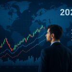 A financial analyst looking at a complex stock market graph with a global map in the background, showing oil barrels and power plants, representing the intersection of geopolitics, energy, and finance. The analyst is wearing a semi-formal business attire. Year 2026.