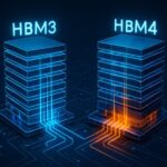 A futuristic 3D visualization comparing HBM3 (pure memory stacks) and HBM4 (memory stacks with a logic die at the bottom), highlighting the architectural difference with glowing data pathways, tech illustration style.