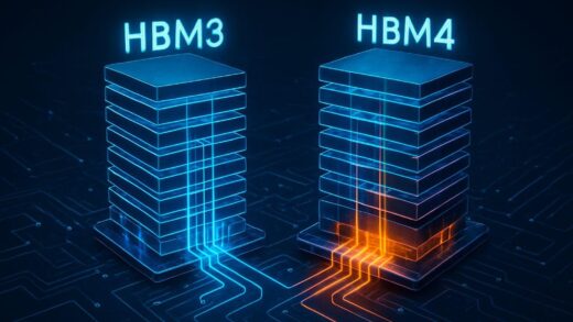 A futuristic 3D visualization comparing HBM3 (pure memory stacks) and HBM4 (memory stacks with a logic die at the bottom), highlighting the architectural difference with glowing data pathways, tech illustration style.