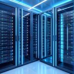 A futuristic AI data center with glowing server racks and HBM memory modules prominently displayed, showing advanced technology infrastructure in a clean, modern environment with blue and white lighting effects