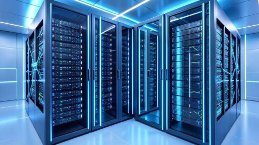 A futuristic AI data center with glowing server racks and HBM memory modules prominently displayed, showing advanced technology infrastructure in a clean, modern environment with blue and white lighting effects
