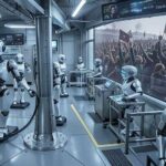 A futuristic, automated factory floor with robots working seamlessly, contrasting with a subtle background image of a labor strike protest.