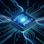 A futuristic chip with AI elements glowing, surrounded by abstract data flows, signifying a new era in the semiconductor market in 2026.