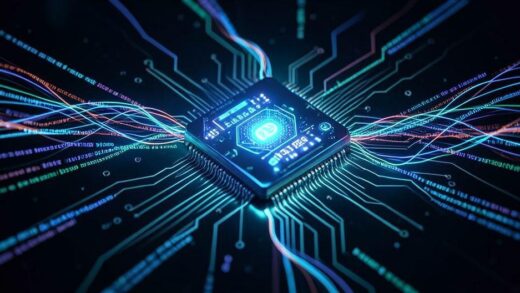 A futuristic chip with AI elements glowing, surrounded by abstract data flows, signifying a new era in the semiconductor market in 2026.