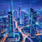 A futuristic cityscape with glowing AI neural networks connecting skyscrapers, representing AI infrastructure investment in 2026, digital art style with vibrant colors and data streams