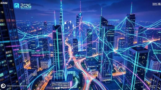 A futuristic cityscape with glowing AI neural networks connecting skyscrapers, representing AI infrastructure investment in 2026, digital art style with vibrant colors and data streams