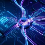 A futuristic conceptual illustration showing data flowing between a GPU and memory chips, with a bottleneck symbol breaking apart as high-speed connections form, representing the memory revolution in AI era. Digital art style with blue and purple neon lights.