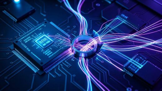 A futuristic conceptual illustration showing data flowing between a GPU and memory chips, with a bottleneck symbol breaking apart as high-speed connections form, representing the memory revolution in AI era. Digital art style with blue and purple neon lights.