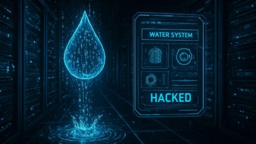 A futuristic cyber warfare scene showing digital water droplets with binary code flowing through computer servers, representing cyber attacks on water infrastructure, dark high-tech atmosphere with glowing blue lines, holographic interface showing water system controls being hacked.