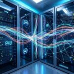 A futuristic data center with glowing optical fiber cables, representing high-speed data transfer. AI symbols and a digital network overlay. The setting is modern and technologically advanced.