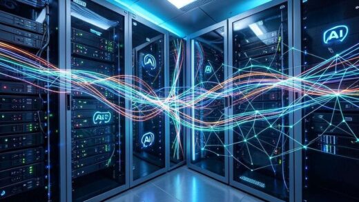 A futuristic data center with glowing optical fiber cables, representing high-speed data transfer. AI symbols and a digital network overlay. The setting is modern and technologically advanced.