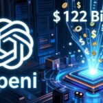 A futuristic digital graphic depicting the Open AI logo with a massive $122 billion investment flowing into a glowing data center complex, with money symbols transforming into semiconductor chips.