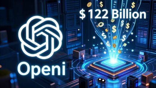 A futuristic digital graphic depicting the Open AI logo with a massive $122 billion investment flowing into a glowing data center complex, with money symbols transforming into semiconductor chips.