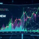 A futuristic financial chart showing quantum computing stock growth with NVIDIA logo and AI neural networks overlay, digital holographic display with glowing data streams