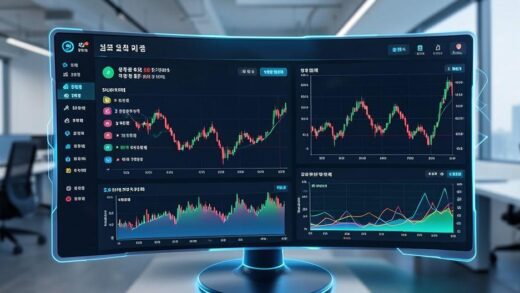 A futuristic financial dashboard showing Super ISA benefits, with Korean stock market charts and investment growth graphics, digital interface with glowing elements, modern office background, professional atmosphere.