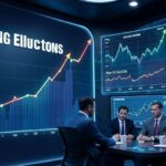 A futuristic graph showing memory semiconductor price trends upward with Samsung Electronics logo in the background, holographic data visualization showing Q1 to Q2 2026 growth projections, tech industry analysts examining market data on digital screens.