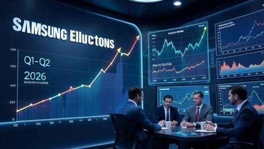 A futuristic graph showing memory semiconductor price trends upward with Samsung Electronics logo in the background, holographic data visualization showing Q1 to Q2 2026 growth projections, tech industry analysts examining market data on digital screens.