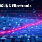 A futuristic graph showing Samsung Electronics operating profit projections soaring from 12 trillion won to 200 trillion won, with semiconductor chips floating in the background and upward trend lines in neon colors.