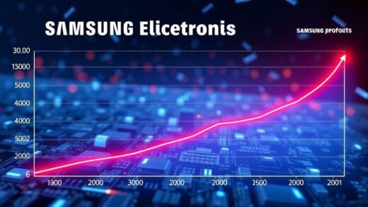 A futuristic graph showing Samsung Electronics operating profit projections soaring from 12 trillion won to 200 trillion won, with semiconductor chips floating in the background and upward trend lines in neon colors.