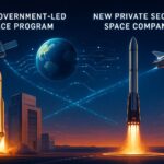 A futuristic illustration showing the transition from old government-led space programs to new private sector space companies, with reusable rockets landing vertically on a launchpad, digital data streams flowing between Earth and satellites, and a contrast between traditional and modern space technology. Cinematic lighting, vibrant colors, professional infographic style.
