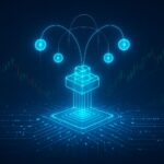 A futuristic image showing a quantum computer interface, with glowing qubits and data streams, symbolizing advanced technology and investment potential. The background features a subtle hint of global market charts.