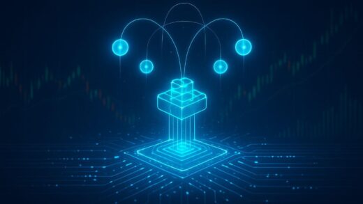 A futuristic image showing a quantum computer interface, with glowing qubits and data streams, symbolizing advanced technology and investment potential. The background features a subtle hint of global market charts.
