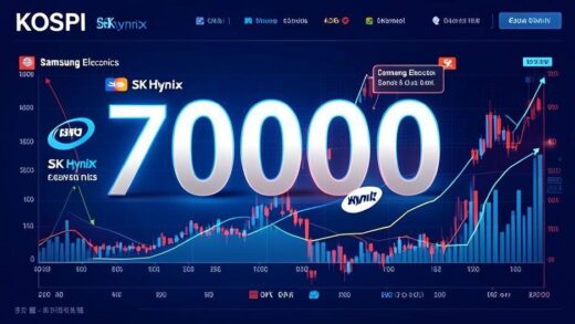 A futuristic infographic showing KOSPI index at 7000 point with dominant Samsung Electronics and SK Hynix logos overshadowing smaller companies, financial data visualization style, blue and red color scheme