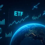 A futuristic investment concept showing Earth orbit with satellites and rockets, with ETF charts and graphs floating in space, digital art style