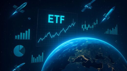A futuristic investment concept showing Earth orbit with satellites and rockets, with ETF charts and graphs floating in space, digital art style