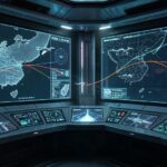 A futuristic military command center with holographic displays showing drone swarms and ballistic missile trajectories over a map of the Korean peninsula, high-tech radar systems monitoring threats, digital interface with real-time threat assessment data, dramatic lighting emphasizing technological warfare elements