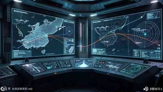 A futuristic military command center with holographic displays showing drone swarms and ballistic missile trajectories over a map of the Korean peninsula, high-tech radar systems monitoring threats, digital interface with real-time threat assessment data, dramatic lighting emphasizing technological warfare elements