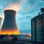 A futuristic nuclear power plant with glowing reactor cores next to a massive data center showing energy transfer lines, representing the dual engine of energy security and AI power demand.