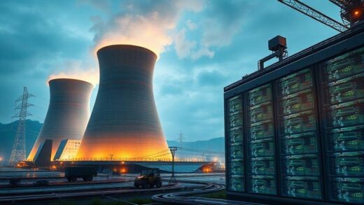 A futuristic nuclear power plant with glowing reactor cores next to a massive data center showing energy transfer lines, representing the dual engine of energy security and AI power demand.
