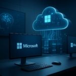 A futuristic office scene with Microsoft logos subtly integrated into sleek monitors and cloud infrastructure, representing digital infrastructure and AI dominance.